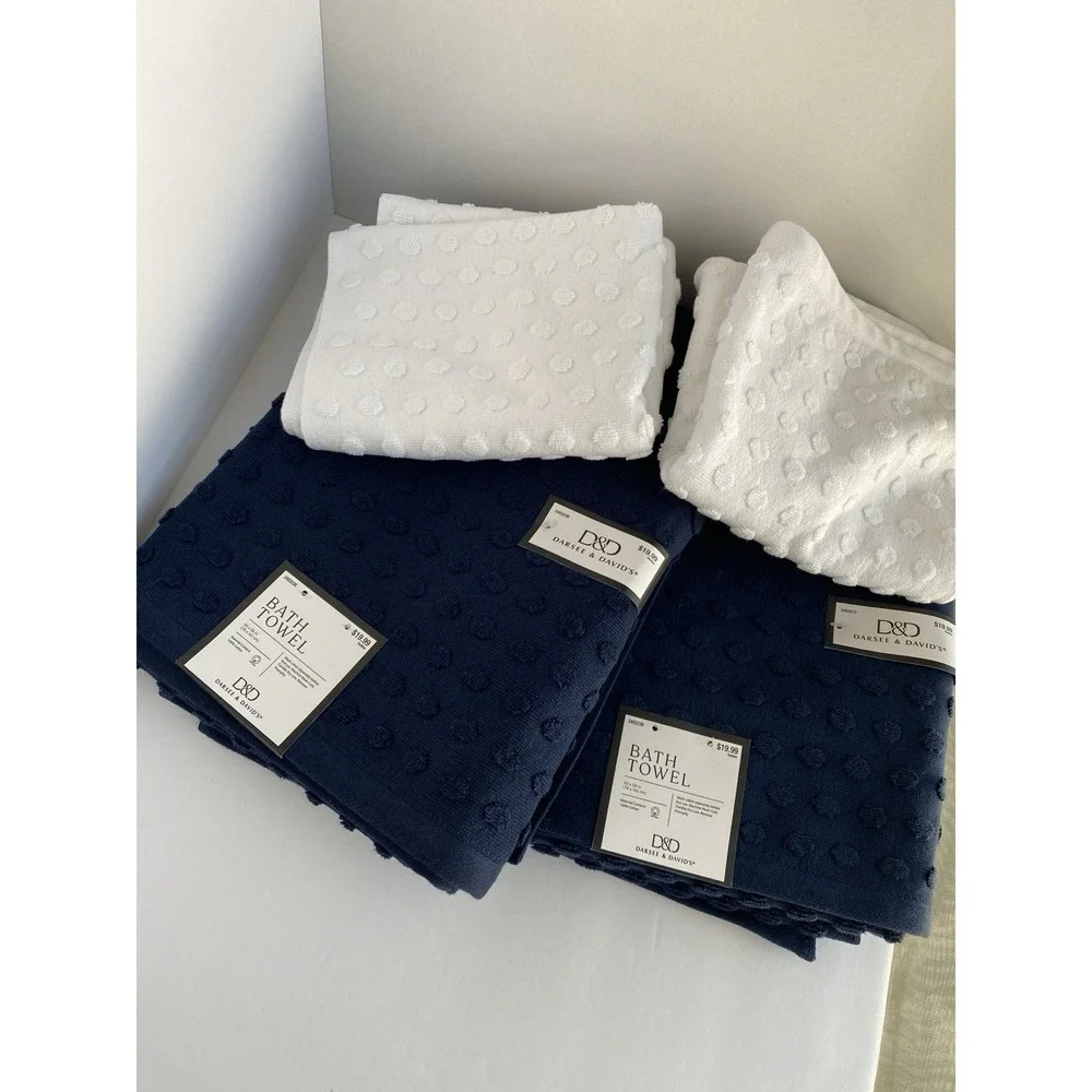 Darsee & David's D&D Set Of 2 Navy Blue Bath Towls 30x56 & 2 White Hand Towells